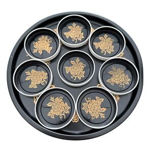 Vintage Toleware 9 Piece MCM Beverage Set Tray & Coasters Black and Gold Rose US